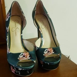 Jessica Simpson Green Floral Satin Platform Heels